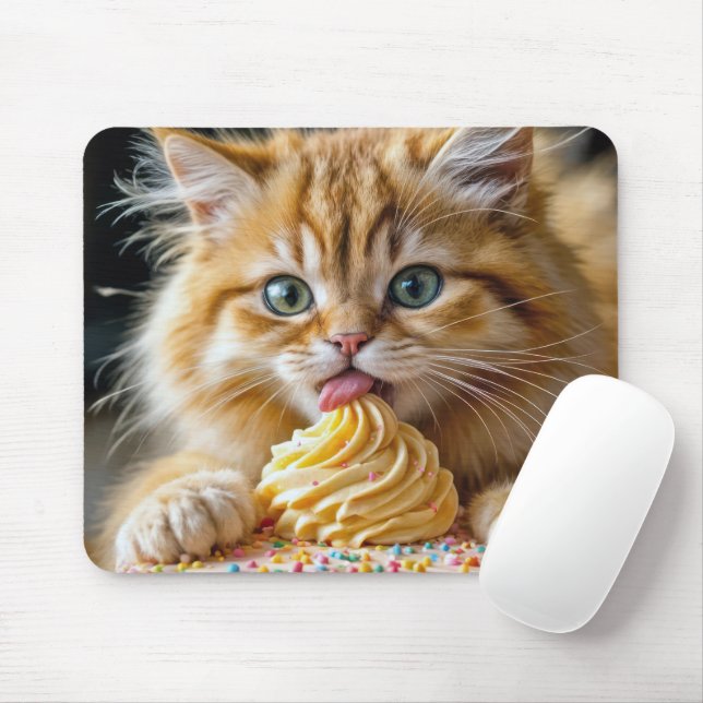 Ginger Kitten With Licking a Birthday Cake Mouse Pad (With Mouse)