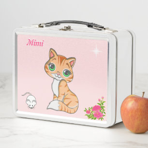 Ginger kitty cat, flowers, mouse & star on pink metal lunch box