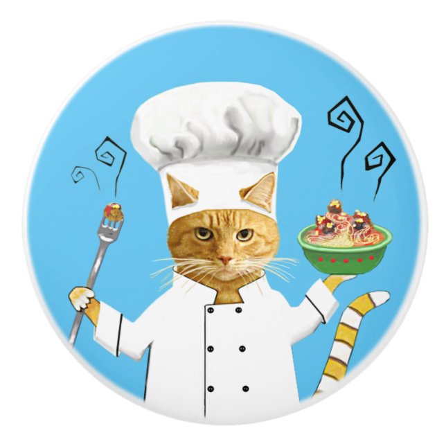Ginger Kitty Chef on Blue Ceramic Knob (Front)