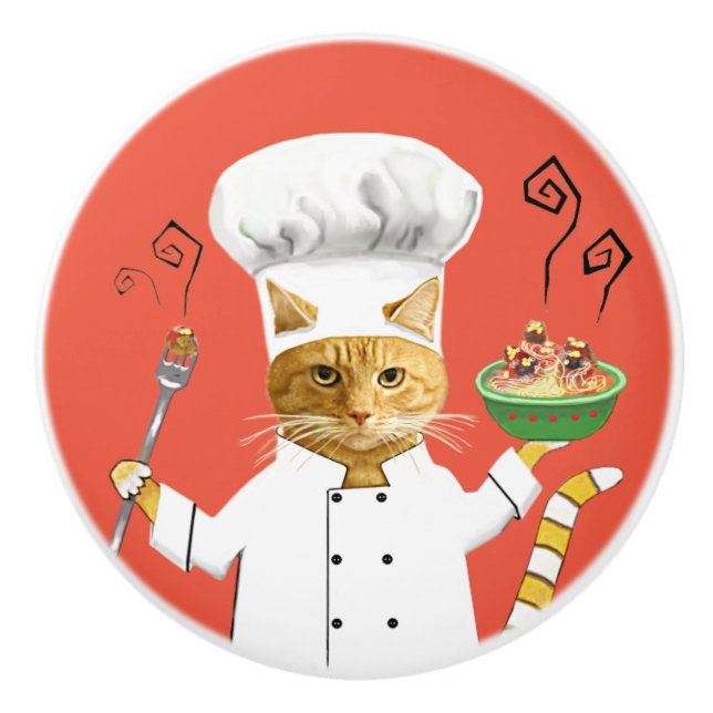 Ginger Kitty Chef on Red Ceramic Knob (Front)
