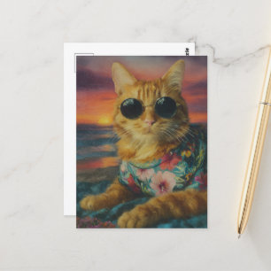 Ginger Kitty in Sunglasses on the Beach Postcard