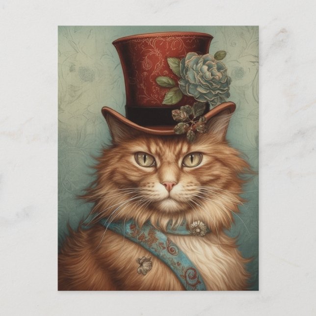 Ginger Long Hair Cat in a tophat  Postcard (Front)