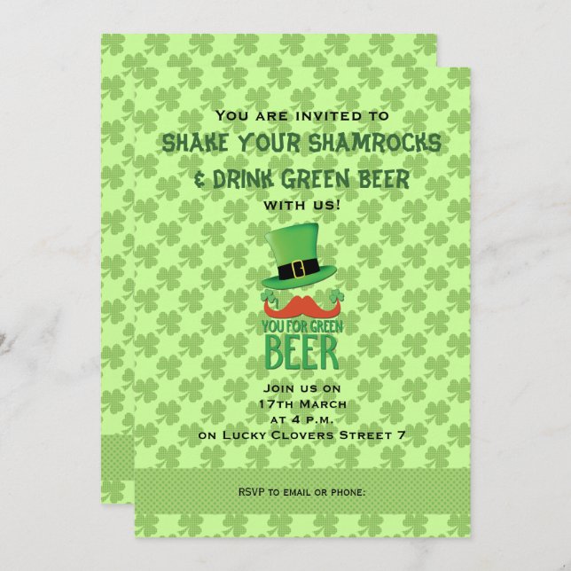 Ginger Moustache you green beer clover Invitation (Front/Back)
