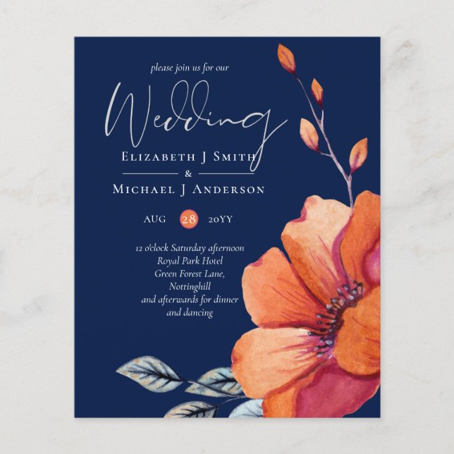 Ginger Navy Autumn Fall Wedding Invitation BUDGET (Front)
