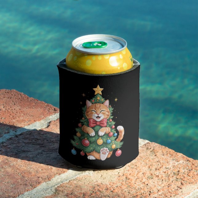 Ginger Orange Cat Christmas Tree Cute Xmas  Can Cooler (In Situ Pool)