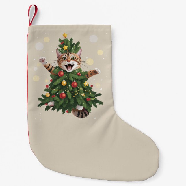 Ginger Orange Cat Christmas Tree Cute Xmas  Small Christmas Stocking (Front)