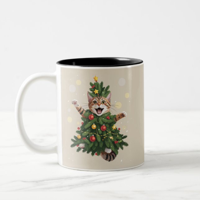 Ginger Orange Cat Christmas Tree Cute Xmas  Two-Tone Coffee Mug (Left)