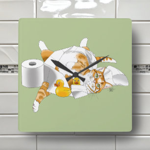 Ginger Orange Cat Funny Toilet Paper Green Square Wall Clock