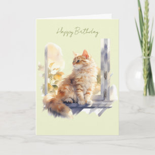 Ginger/Orange Cat in a Window Birthday Card