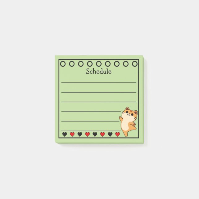 Ginger Orange Cat Schedule Green Post-it Notes (Front)