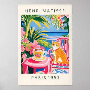 Ginger Tabby Cat Drinking Coffee, Pink Kitchen Art Poster