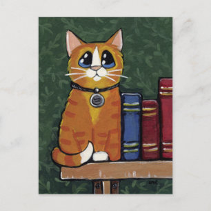 Ginger Tabby Cat on Bookshelf Illustration Postcard
