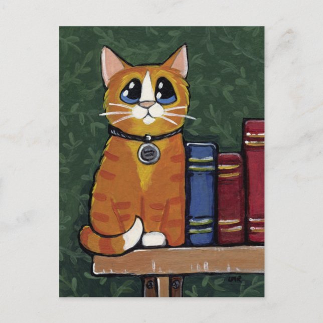 Ginger Tabby Cat on Bookshelf Illustration Postcard (Front)