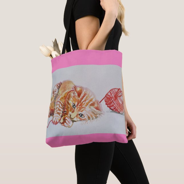 Ginger Tabby Cat Play Pink cats Grocery Tote Bag (Close Up)