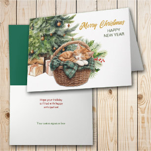 Ginger Tabby Kitten Wicker Basket Christmas Holiday Card