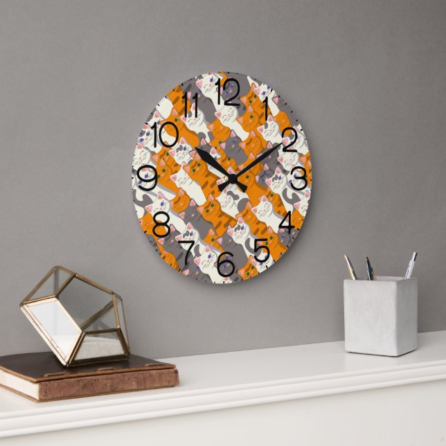 Ginger white black cat diagonal pattern large clock (Office)