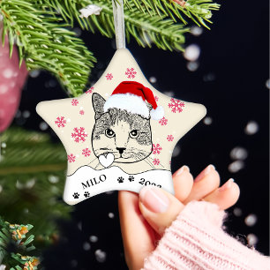 Ginger White Cat Personalised Hand Drawing Ceramic Tree Decoration