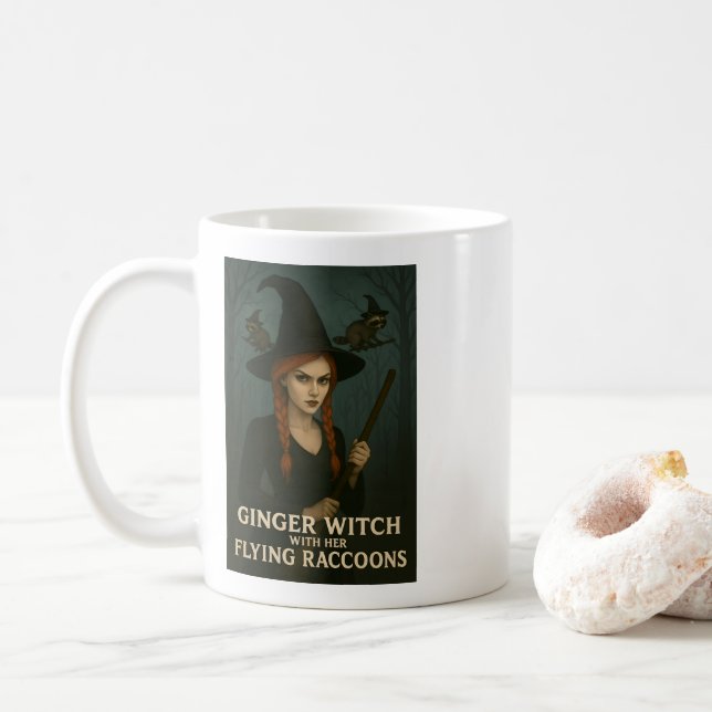Ginger Witch With Her Flying Raccoons Coffee Mug (With Donut)
