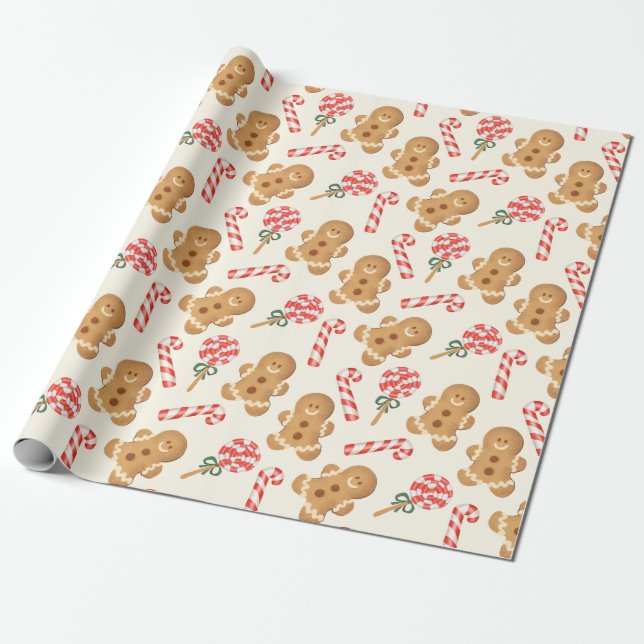 Gingerbread And Candy Canes Wrapping Paper (Unrolled)