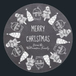 Gingerbread and Christmas Tree Chalkboard Classic Round Sticker<br><div class="desc">Traditional chalkboard design features a wreath made up of gingerbread houses and two styles of Christmas trees. Merry Christmas is written in a modern font. You name is written in a script text. All of the design and text is white. Easy-to-use template allows you to change all of the text...</div>