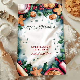 Gingerbread and Holly Merry Christmas Personalised Tea Towel