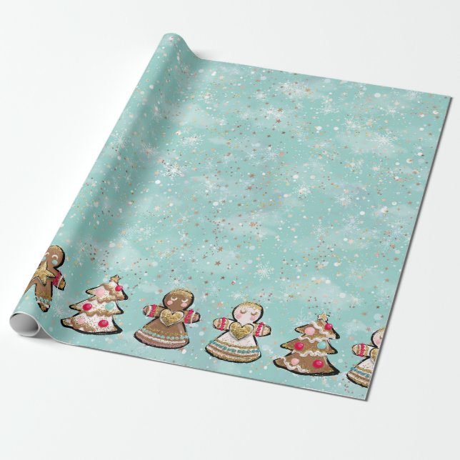 Gingerbread Angel Christmas Cookie Wrapping Paper (Unrolled)