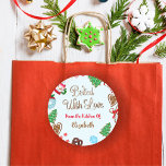 Gingerbread Baked With Love Christmas Cookies Classic Round Sticker<br><div class="desc">Celebrate the holidays with our 'Baked with Love Gingerbread' stickers! Adorned with Christmas sweets in the whimsical 'Brownies' font. Personalise with 'From the Kitchen of' and your name. Spread the festive cheer!</div>
