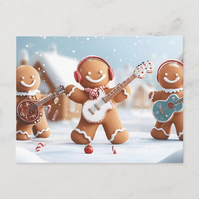 Gingerbread Band Playing in the Snow  Holiday Postcard (Front)