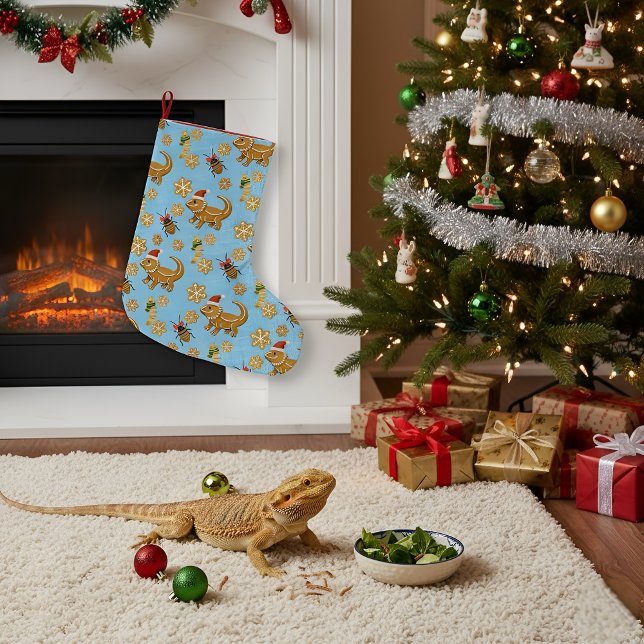Gingerbread Bearded Dragon Christmas  Large Christmas Stocking (Festive blue Christmas stocking with gingerbread bearded dragon holiday design.)