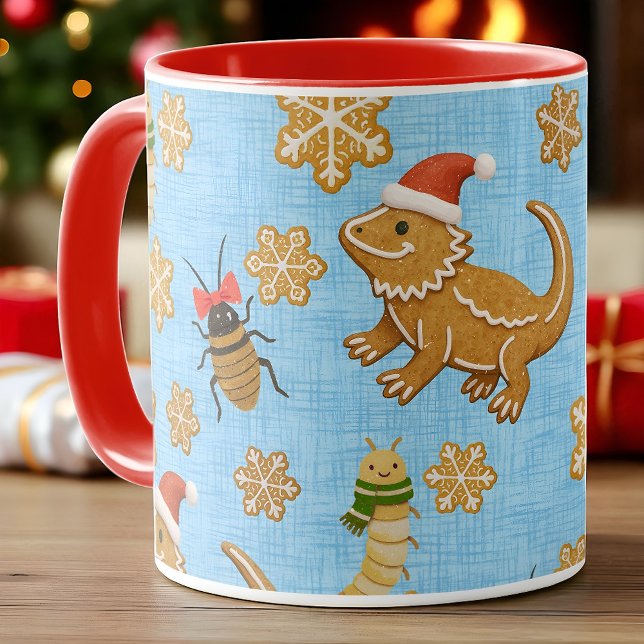 Gingerbread Bearded Dragon Christmas  Mug (Quirky Christmas mug with gingerbread bearded dragons, festive insects, and snowflakes on blue.)