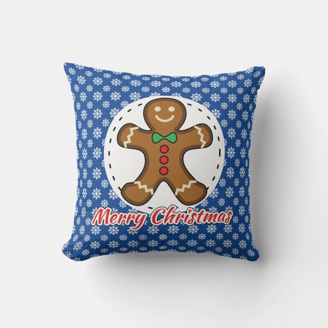 Gingerbread - Blue Snowflakes Pattern - Merry Xmas Cushion (Front)