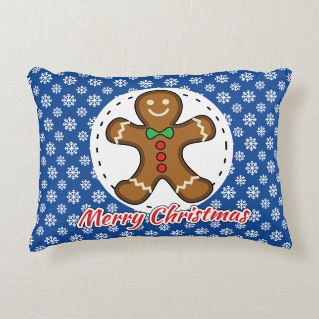 Gingerbread - Blue Snowflakes Pattern - Merry Xmas Decorative Cushion (Front)