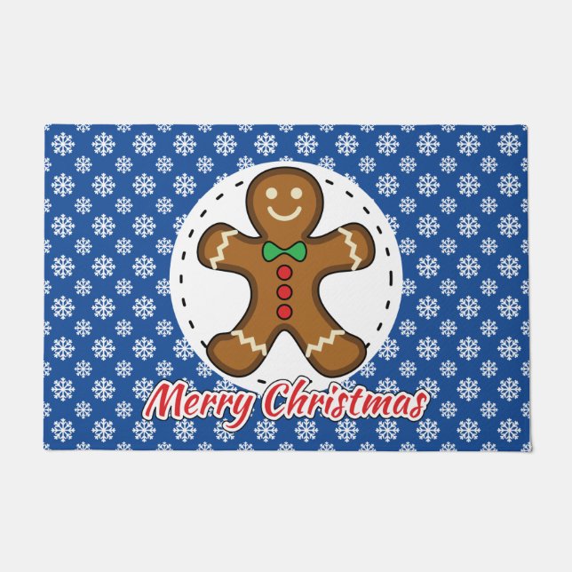 Gingerbread - Blue Snowflakes Pattern - Merry Xmas Doormat (Front)