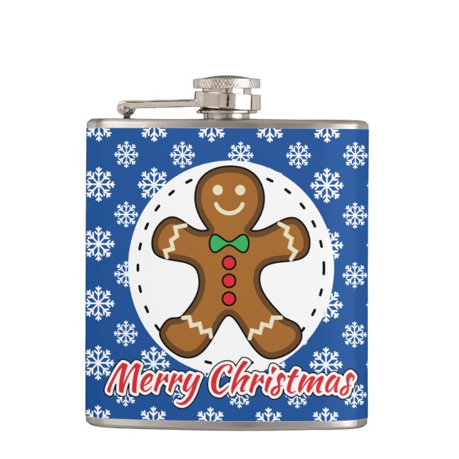 Gingerbread - Blue Snowflakes Pattern - Merry Xmas Hip Flask (Front)