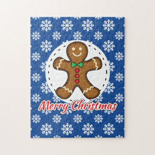 Gingerbread - Blue Snowflakes Pattern - Merry Xmas Jigsaw Puzzle