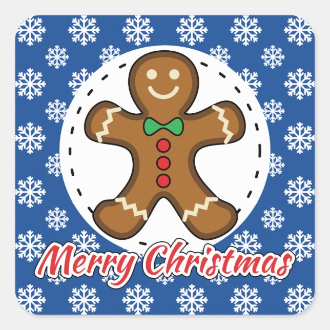 Gingerbread - Blue Snowflakes Pattern - Merry Xmas Square Sticker (Front)