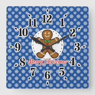 Gingerbread - Blue Snowflakes Pattern - Merry Xmas Square Wall Clock