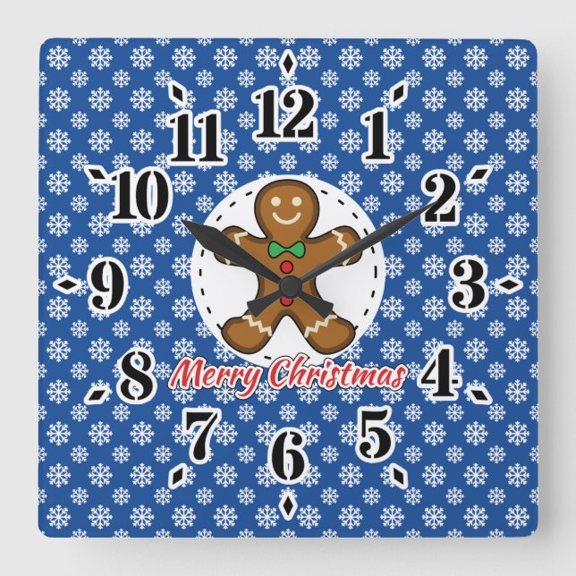 Gingerbread - Blue Snowflakes Pattern - Merry Xmas Square Wall Clock (Front)