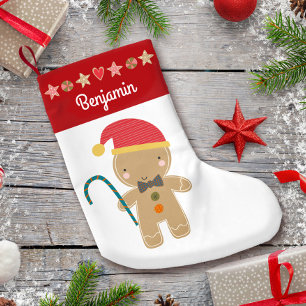 Gingerbread Boy Holiday Cookie Red Border Name Small Christmas Stocking