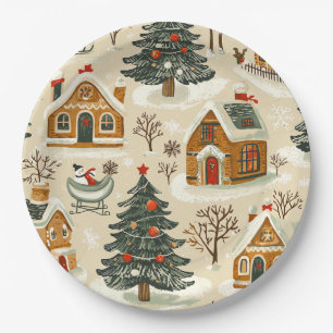 Gingerbread Brown Christmas Village Beige Paper Plate