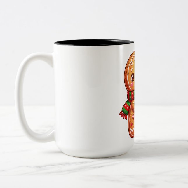 Gingerbread Buddy With Candy Cane Two-Tone Coffee Mug (Left)