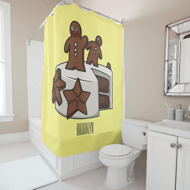 Gingerbread cake cartoon illustration shower curtain (In Situ)