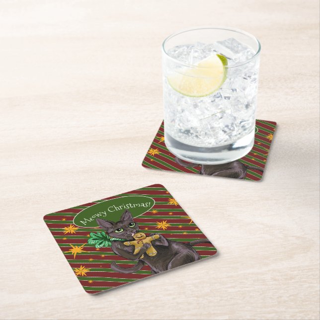 Gingerbread Christmas Cookie Kitty Square Paper Coaster (Insitu)