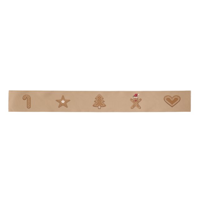 Gingerbread Christmas Cookie Shapes On Brown Satin Ribbon (Front)