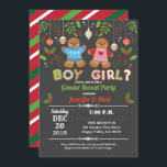 Gingerbread Christmas gender reveal baby shower Invitation<br><div class="desc">[All text are editable]
Get this cute design now!
Occasion: Christmas party,  gender reveal baby shower,  twins baby shower
Theme: Christmas,  gingerbread man
Style: cute,  fun,  cheerful
Colours: blue,  pink,  red,  green,  festive colours.
Graphics: chalkboard background,  colourful Christmas ornaments,  cute gingerbread boy,  gingerbread girl,  christmas cookies font alphabets</div>