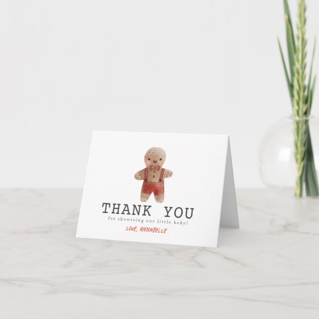 Gingerbread Christmas Holiday Boy Baby Shower Thank You Card (Front)