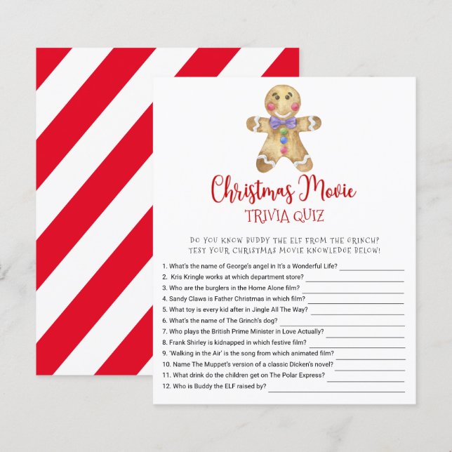 Gingerbread Christmas Movie TRIVIA QUIZ Game Card (Front/Back)