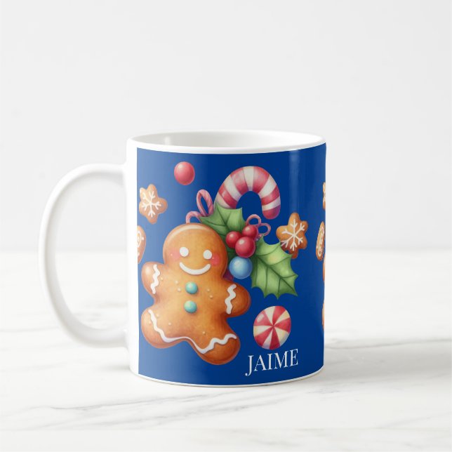 Gingerbread Christmas Peppermint Blue Name Coffee Mug (Left)
