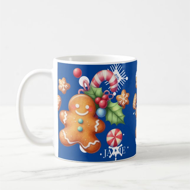 Gingerbread Christmas Peppermint Blue Name Snow Coffee Mug (Left)