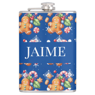 Gingerbread Christmas Peppermint Blue Name Snow Hip Flask
